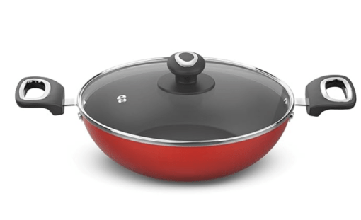 ‎Preethi Dura Collection Non Stick Kadai, 26 cm, with Glass Lid, Gas & Induction Compatible, 5 Star Non Stick Effect, Chilly Red